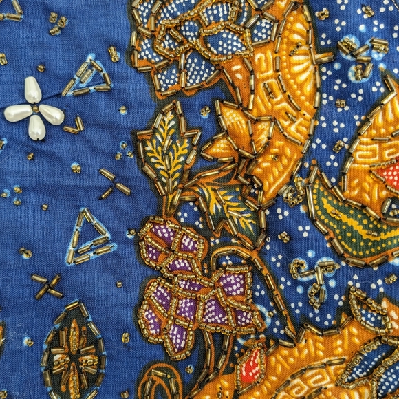 🍁 Ana Mori Batik Embroidered & Beaded Blue and Orange Floral Vest - Picture 3 of 7